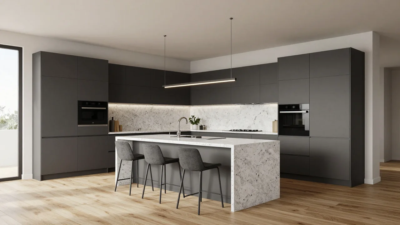 3D-визуализация кухни-гостиной с островом и барными стульями